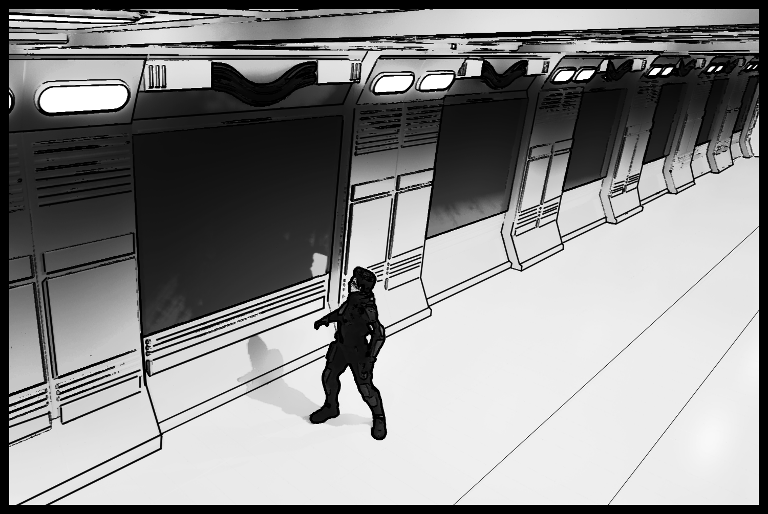 The protagonist walks alone through a futuristic research facility corridor