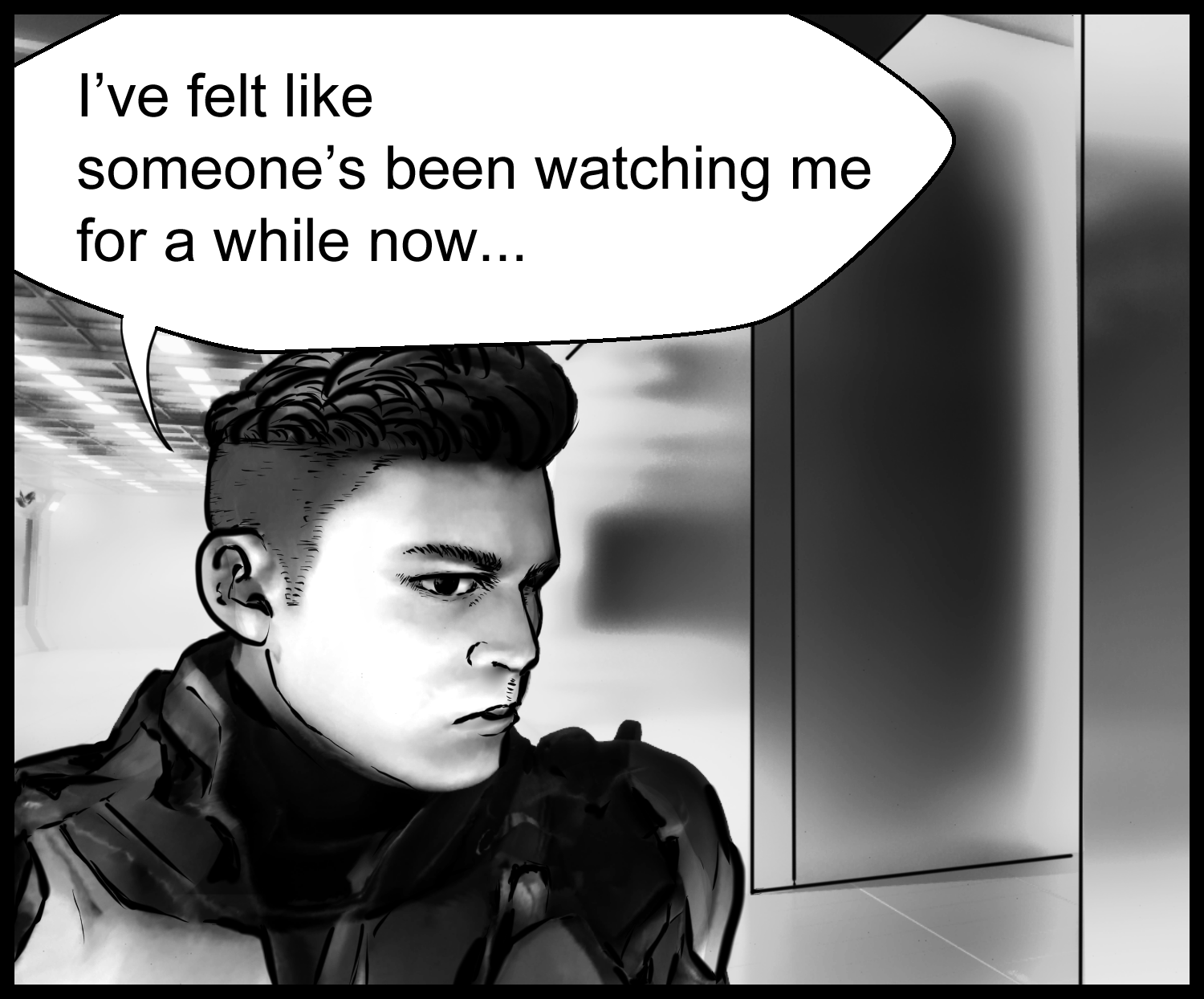 The protagonist senses that someone may be watching him and stays alert by the wall