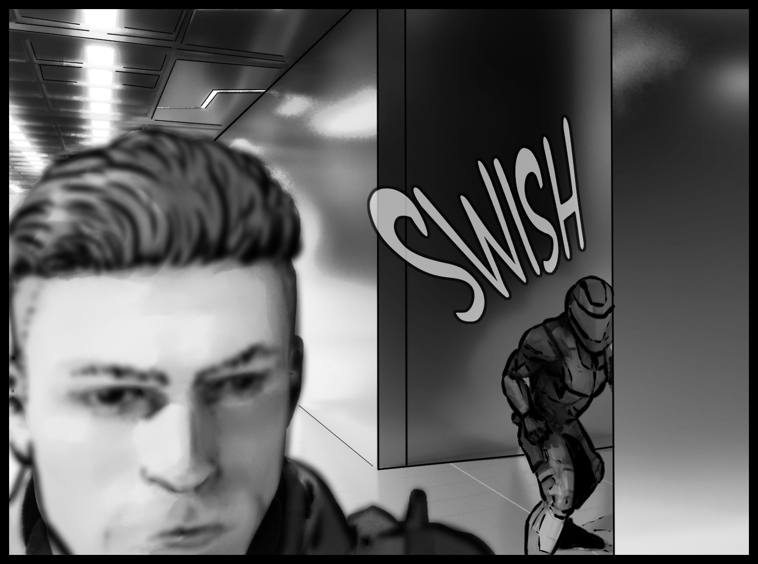 An armored soldier emerges from cover and closes in behind the protagonist