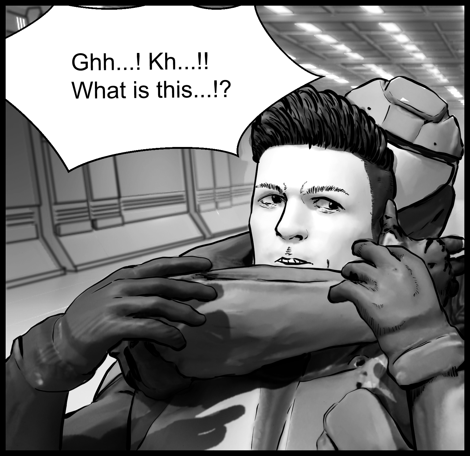 The protagonist realizes there are more armored soldiers and is pushed further into danger