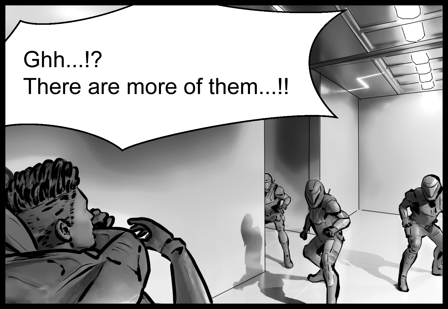 Several armored soldiers appear before the protagonist and surround him