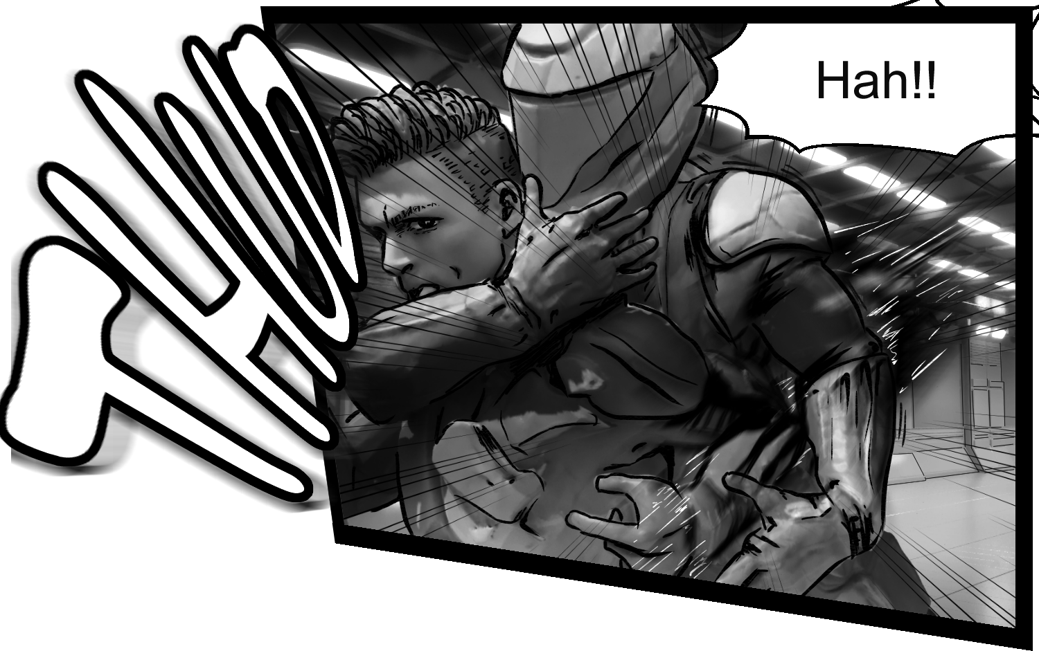 The protagonist breaks free from the restraint and shifts into a counterattack