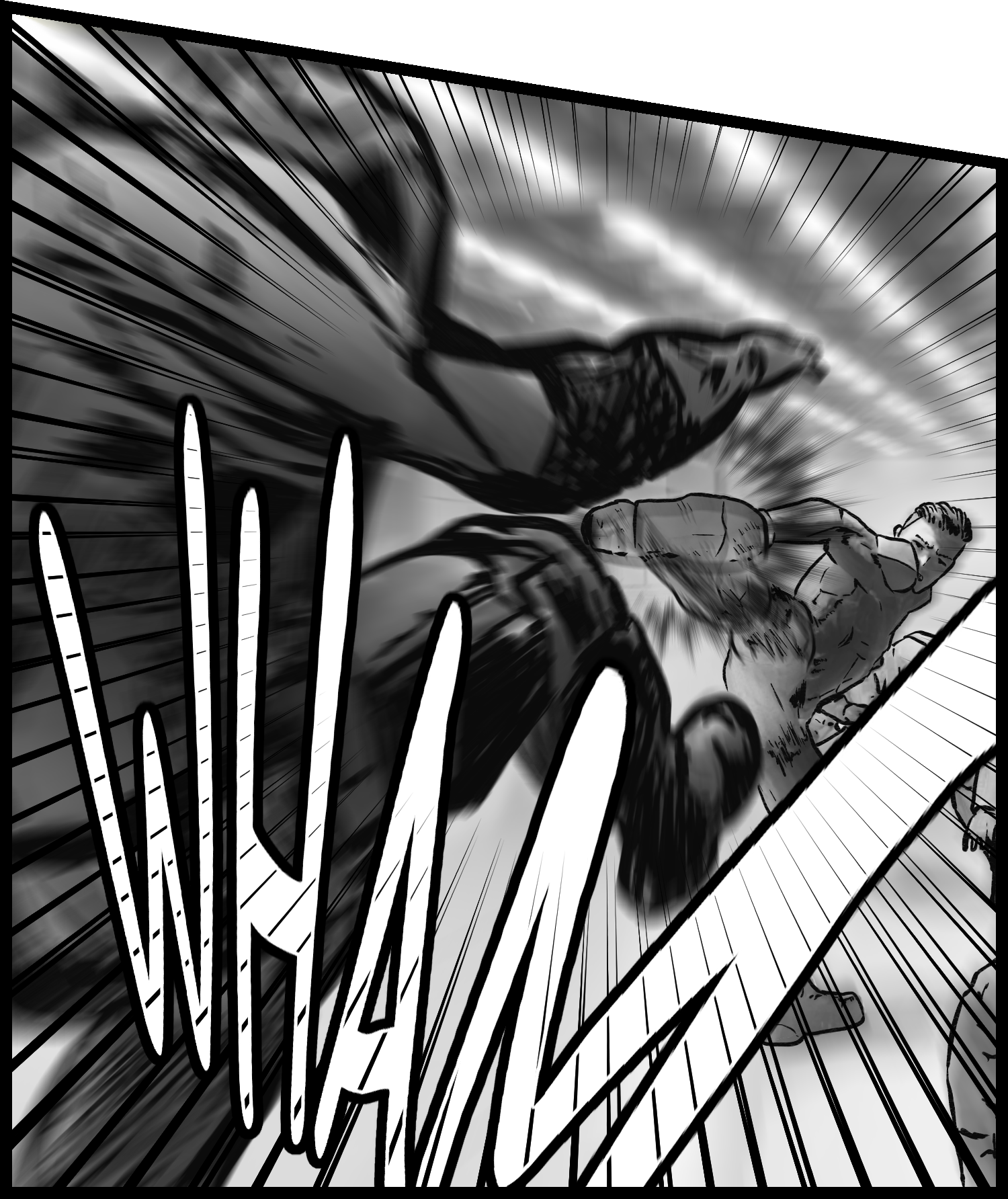The protagonist powerfully kicks an armored soldier away in an intense fight scene