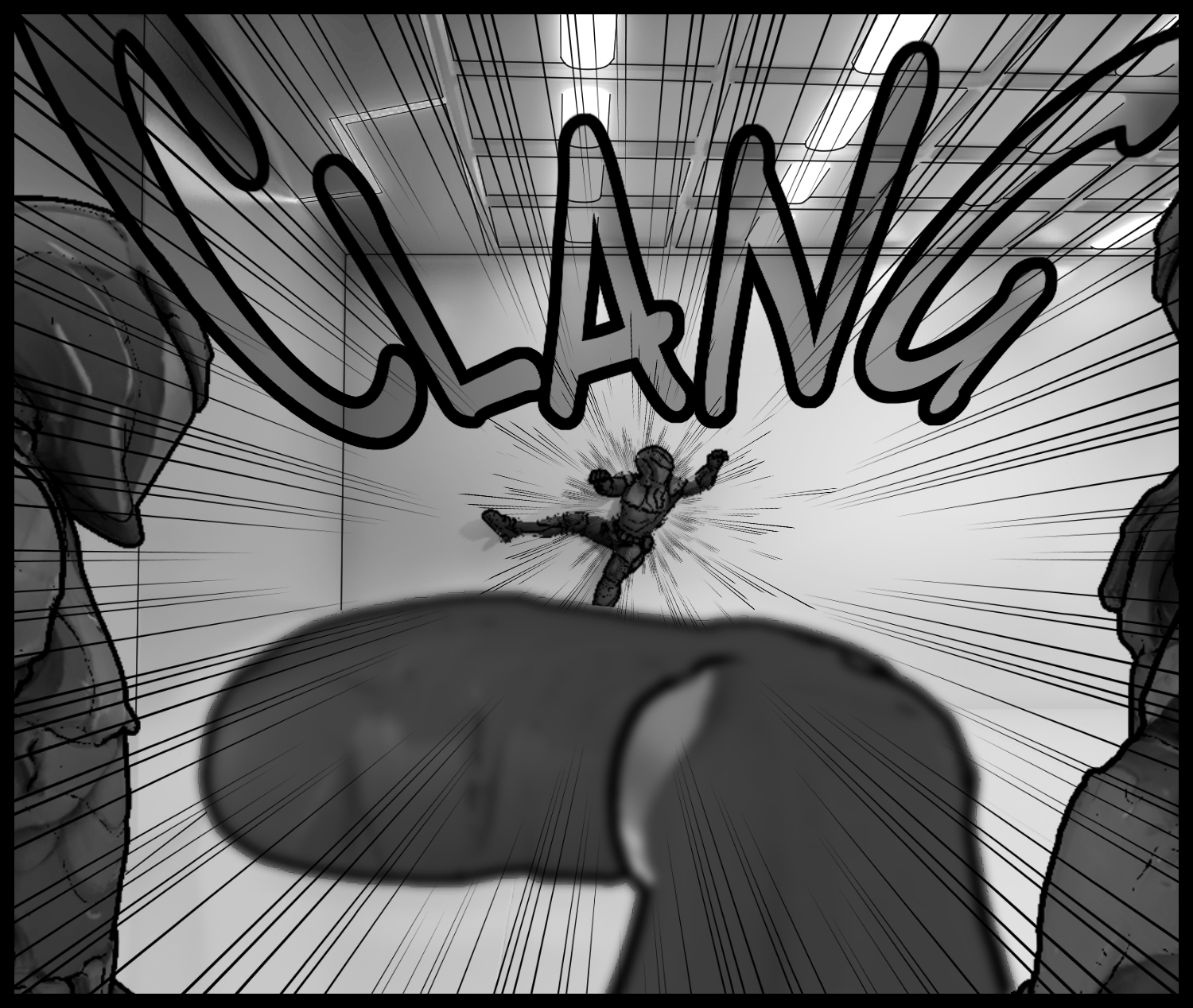 An armored soldier is knocked back as impact spreads through the research facility corridor