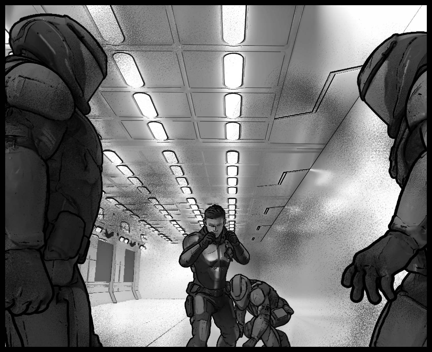 The protagonist takes a stance while surrounded by several armored soldiers