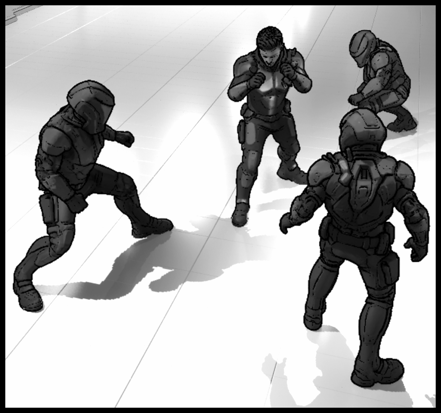 The protagonist and armored soldiers face off in the research facility corridor