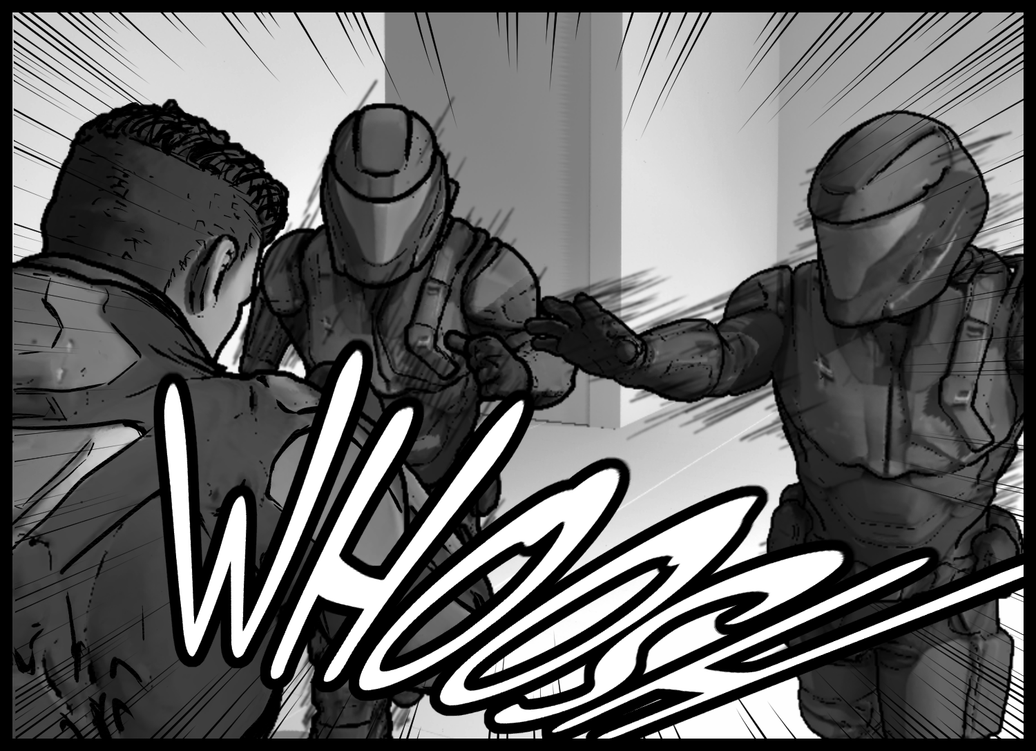 The protagonist dodges the armored soldiers' attacks while striking back