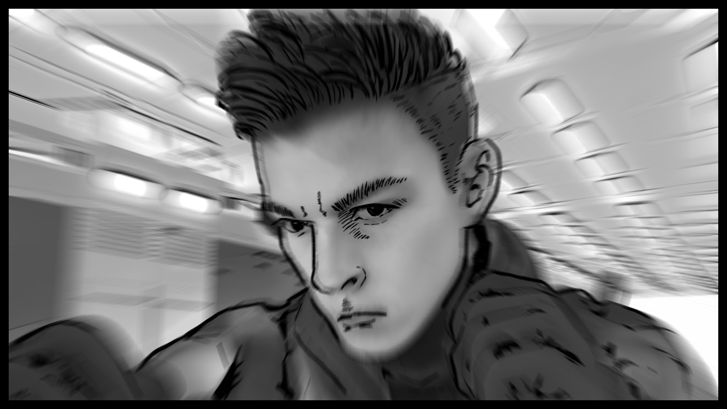 A tense close-up shows the protagonist focused as he enters the fight