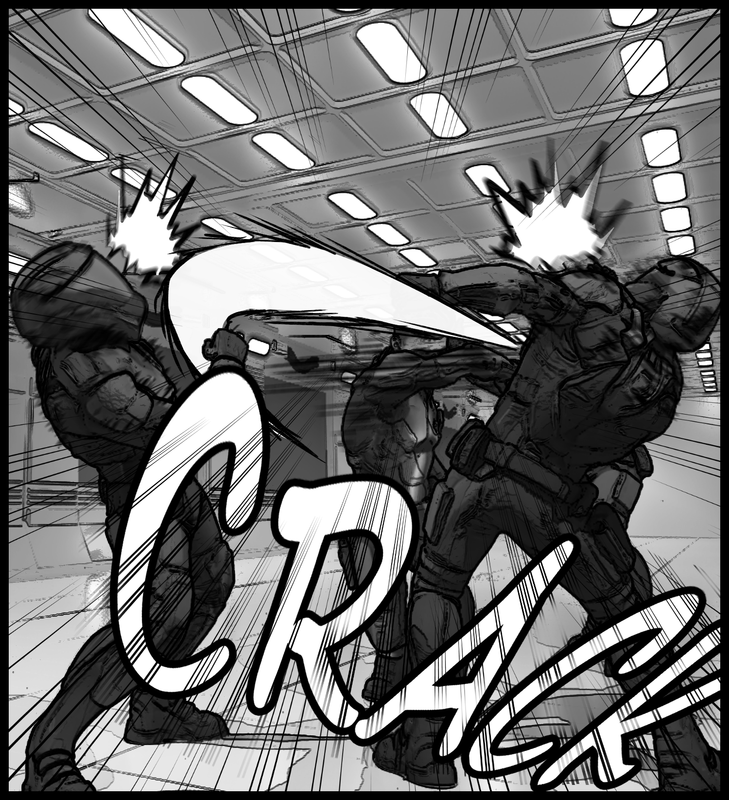 The protagonist launches a series of attacks against multiple armored soldiers