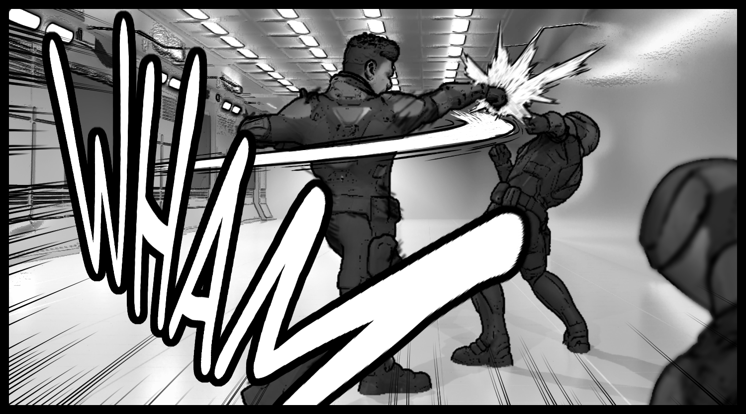 The protagonist's kick lands on an armored soldier in a fast-paced battle scene