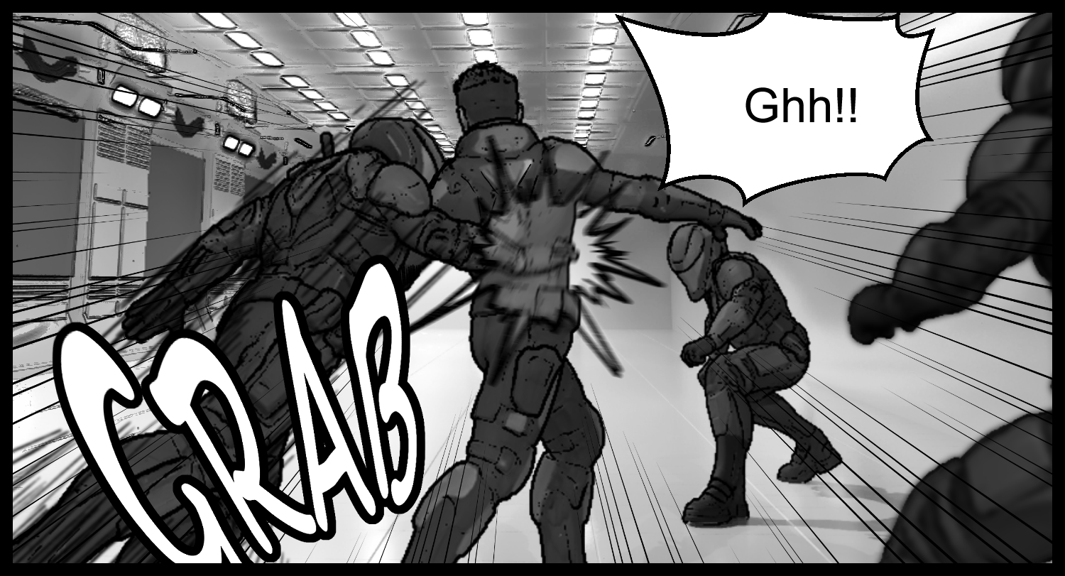 An armored soldier's counterattack catches the protagonist in an intense close-combat moment