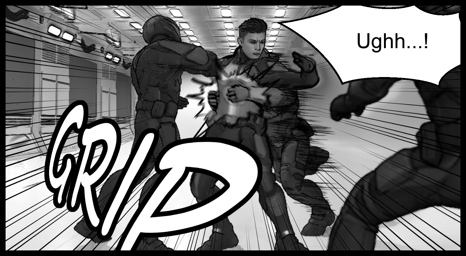 The protagonist endures attacks from the armored soldiers