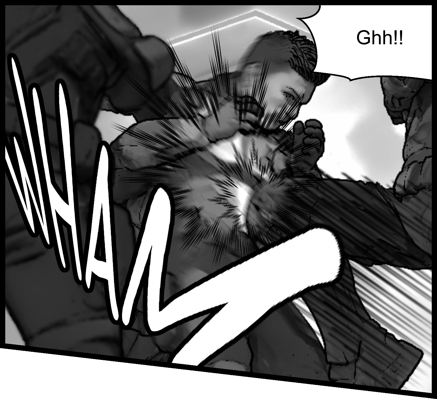The protagonist clenches his fist and looks for a chance to fight back while at a disadvantage