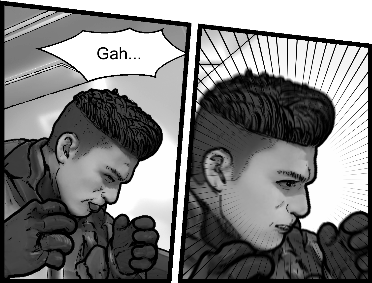 The protagonist struggles but tries to keep fighting in a tense scene