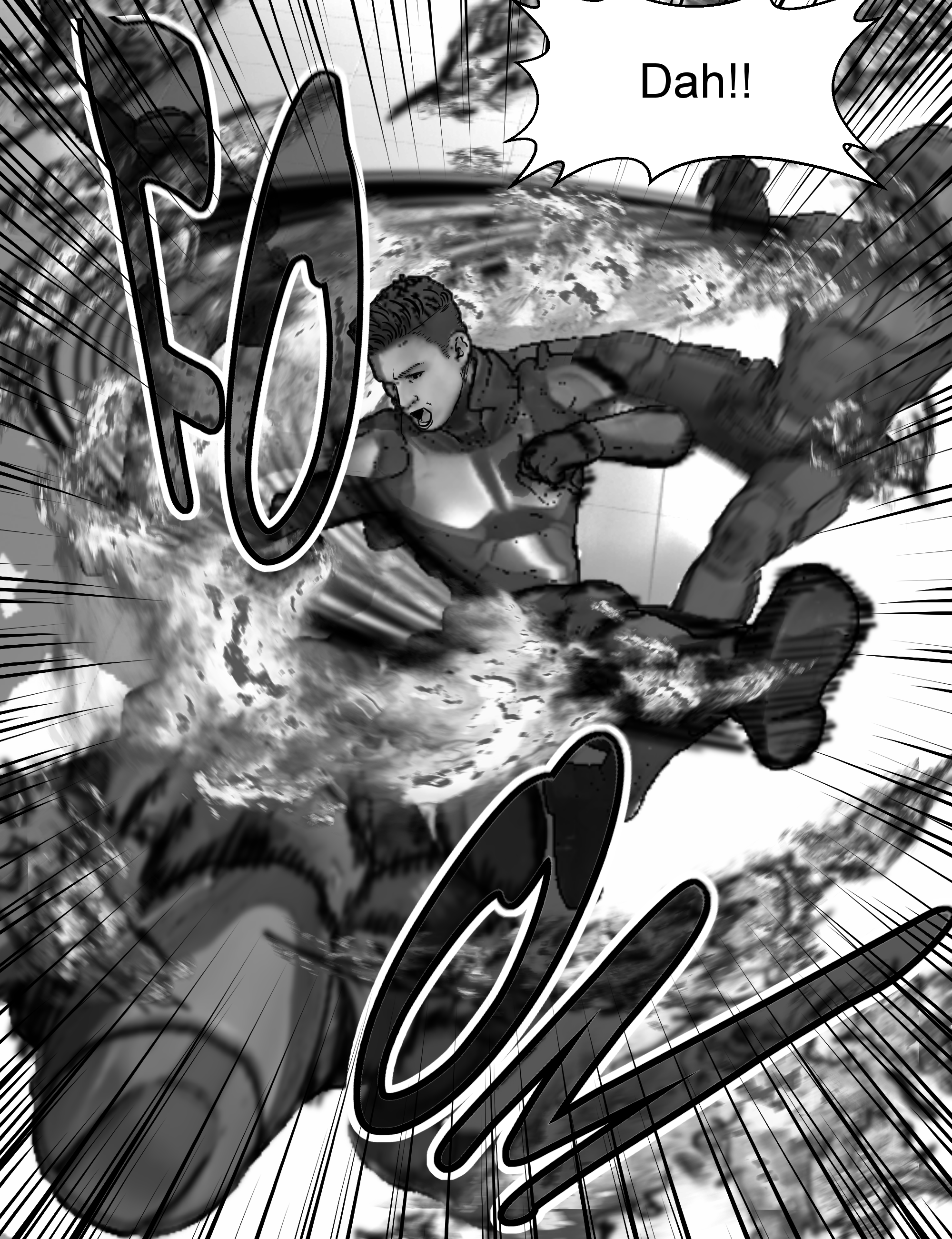 The protagonist unleashes a technique in the middle of an intense sci-fi action battle