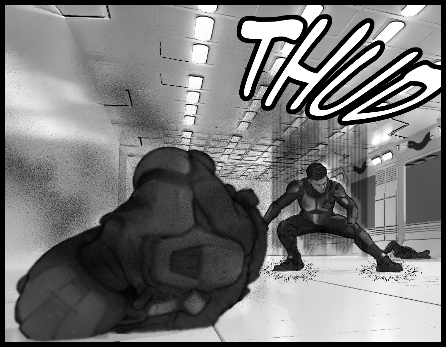 The protagonist takes a low stance and prepares for the next attack