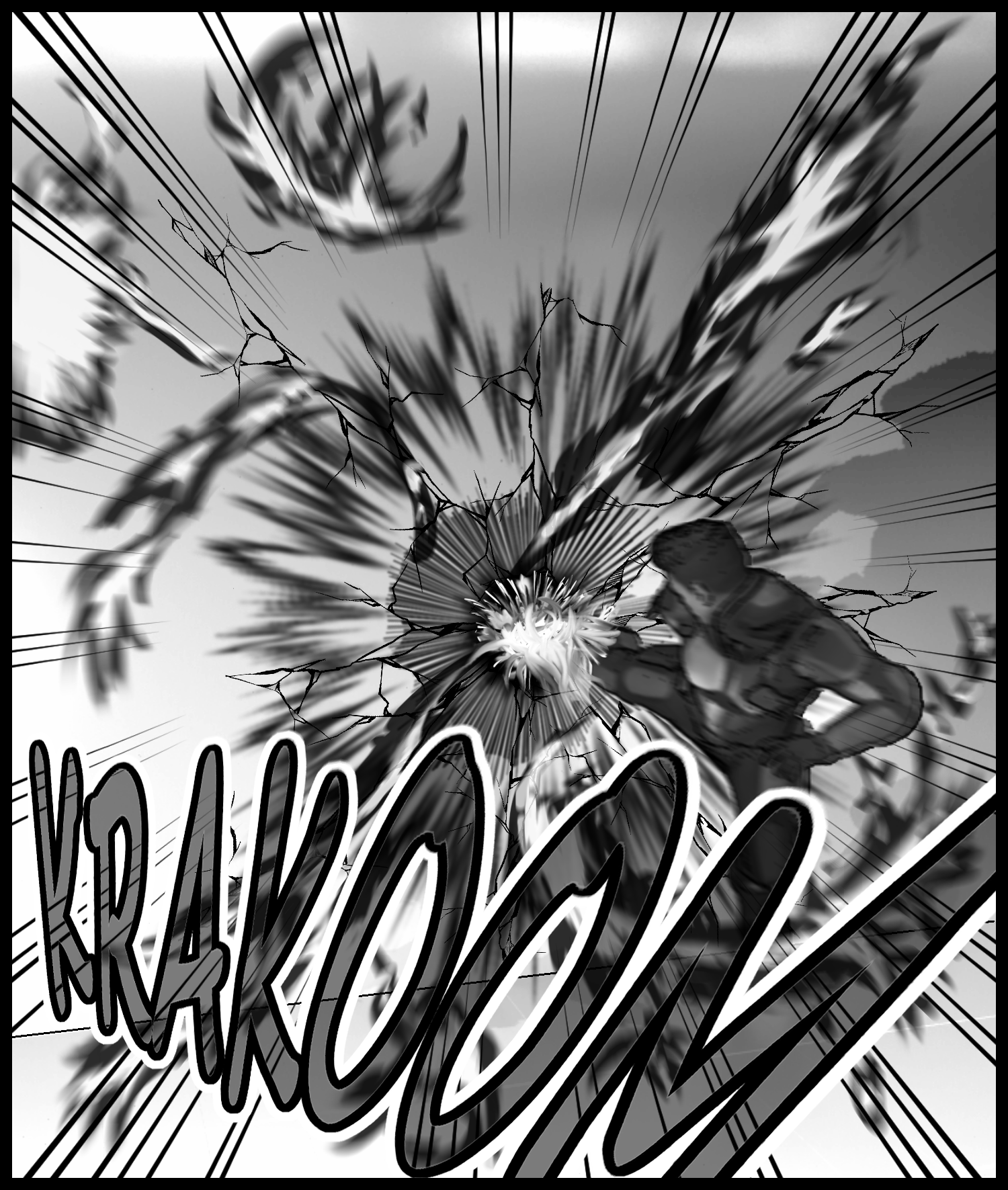 The protagonist unleashes Rekka Ryū: Kōbaku-kyaku, sending a powerful impact into the research facility wall