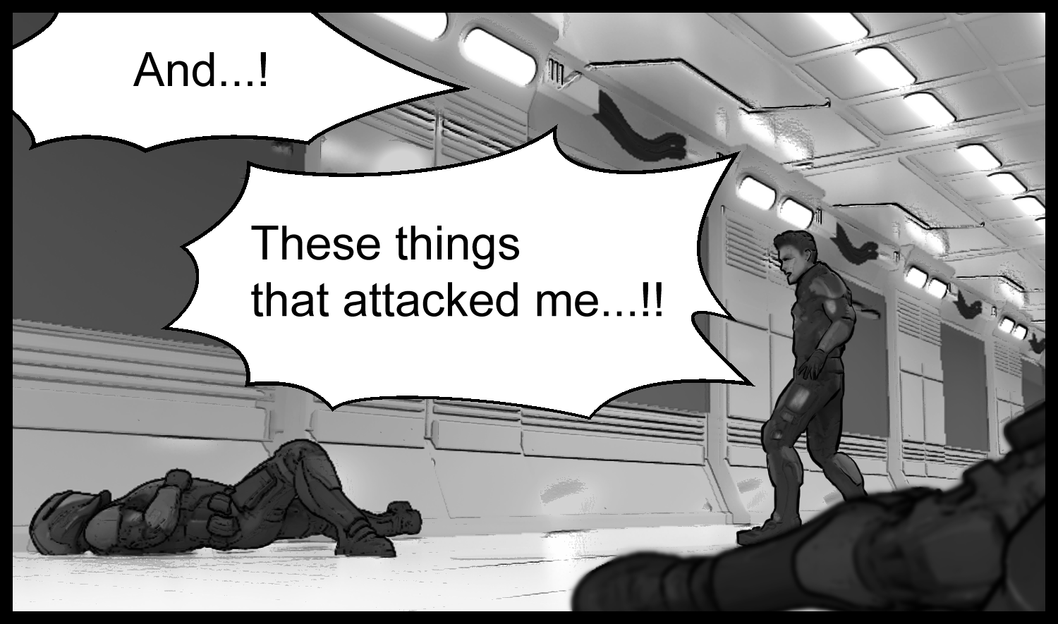 Among fallen armored soldiers, the protagonist considers who may have attacked the facility