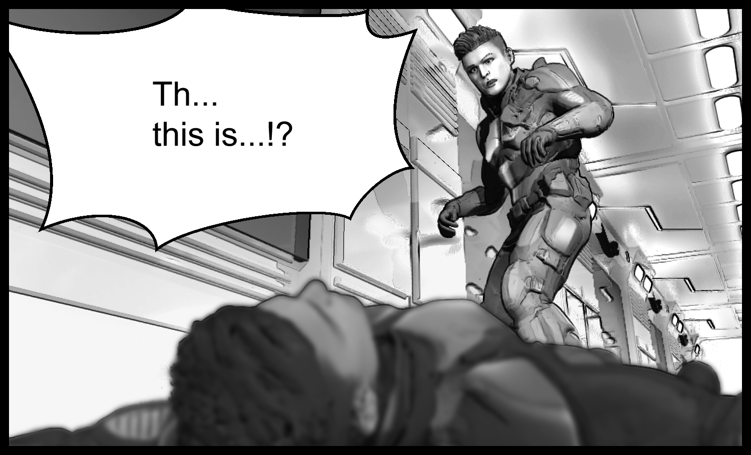 The protagonist steps back in surprise after seeing the armored soldier's face