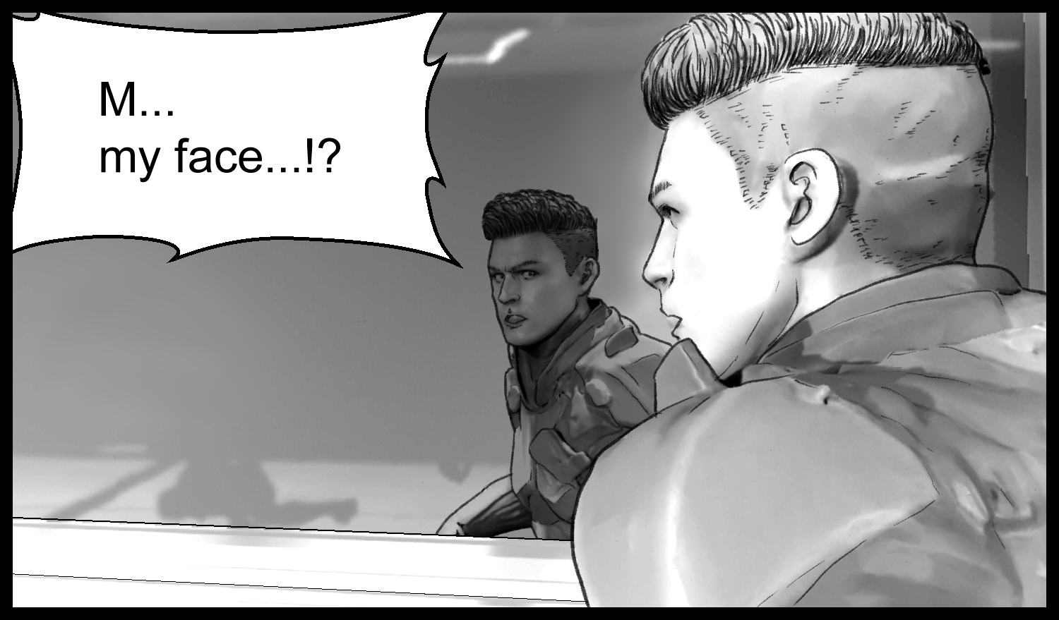 The protagonist realizes the armored soldier has the same face as him in the shocking final scene of Episode 1