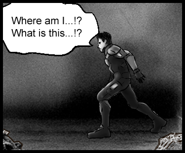 The startled protagonist looks around the rough terrain