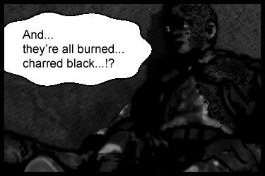 Fallen armored soldiers appear scorched in an ominous scene