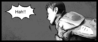 The protagonist reacts to a presence behind him with a tense expression