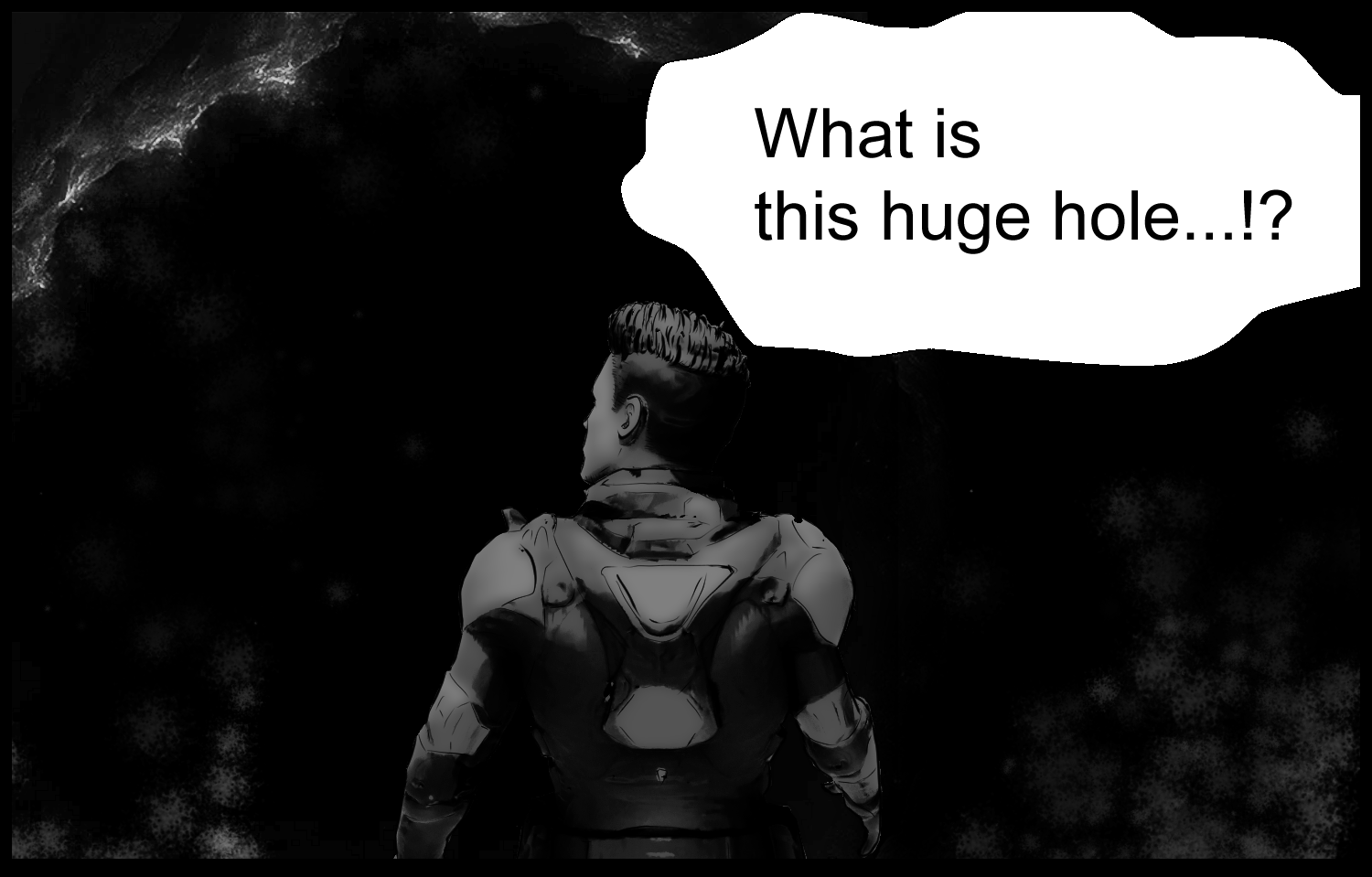 The protagonist stands before the huge hole, unsure of what caused it