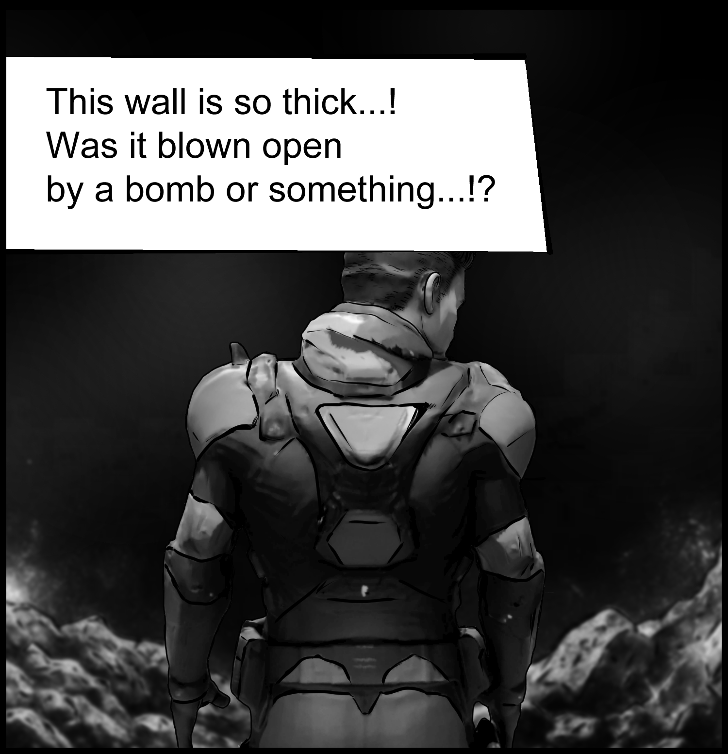The protagonist examines a huge hole opened by an explosive impact