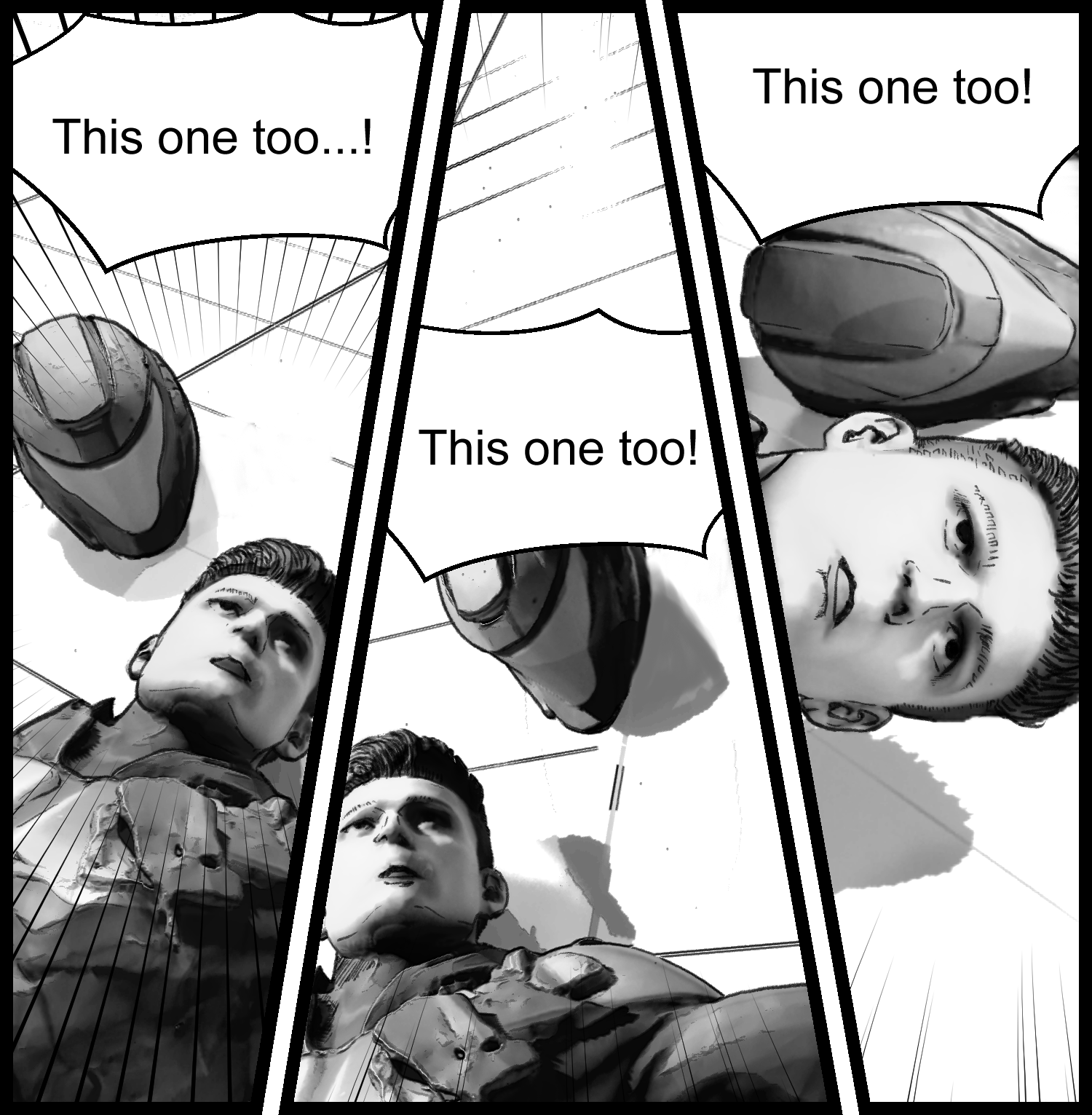 The protagonist realizes the fallen armored soldiers have the same face as him