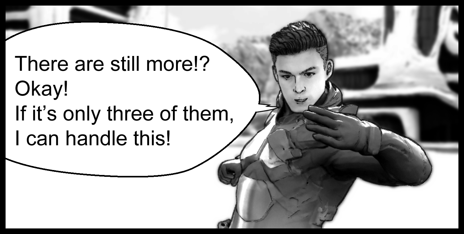 The protagonist faces the approaching armored soldiers and considers whether he can escape
