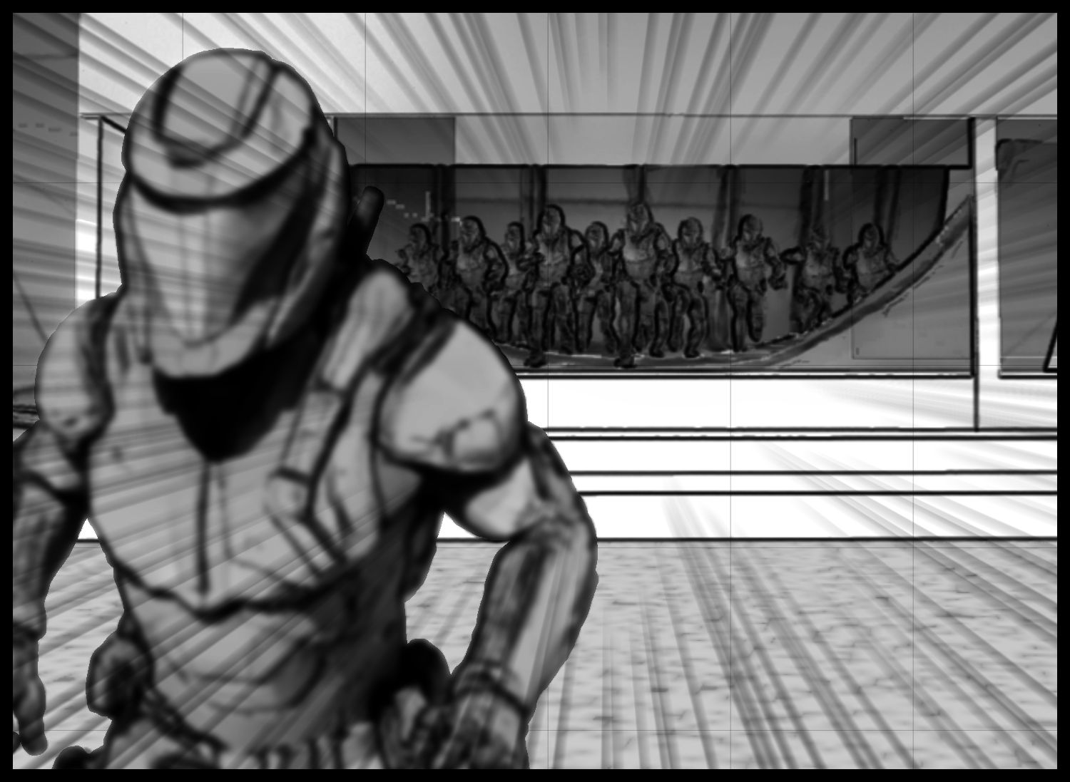 A tense pursuit scene with many soldiers waiting behind the armored troops