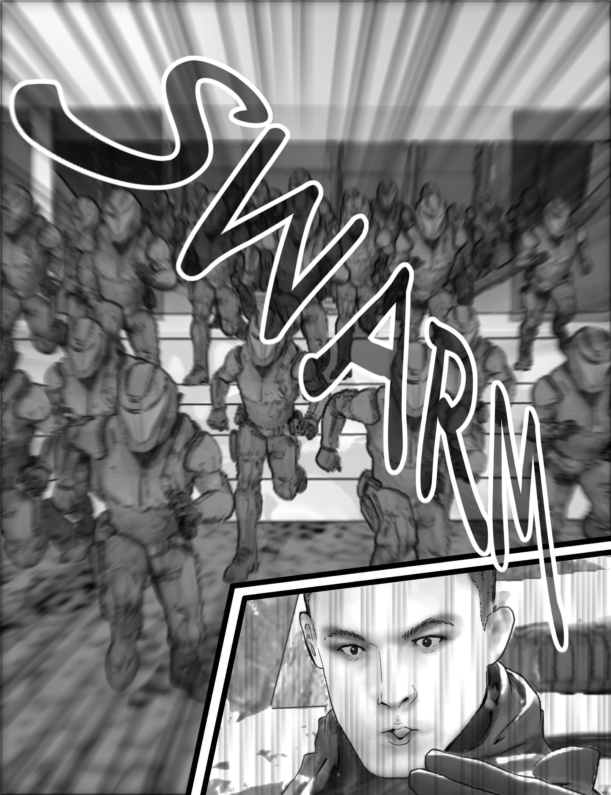 A large group of armored soldiers rushes after the protagonist in an action scene