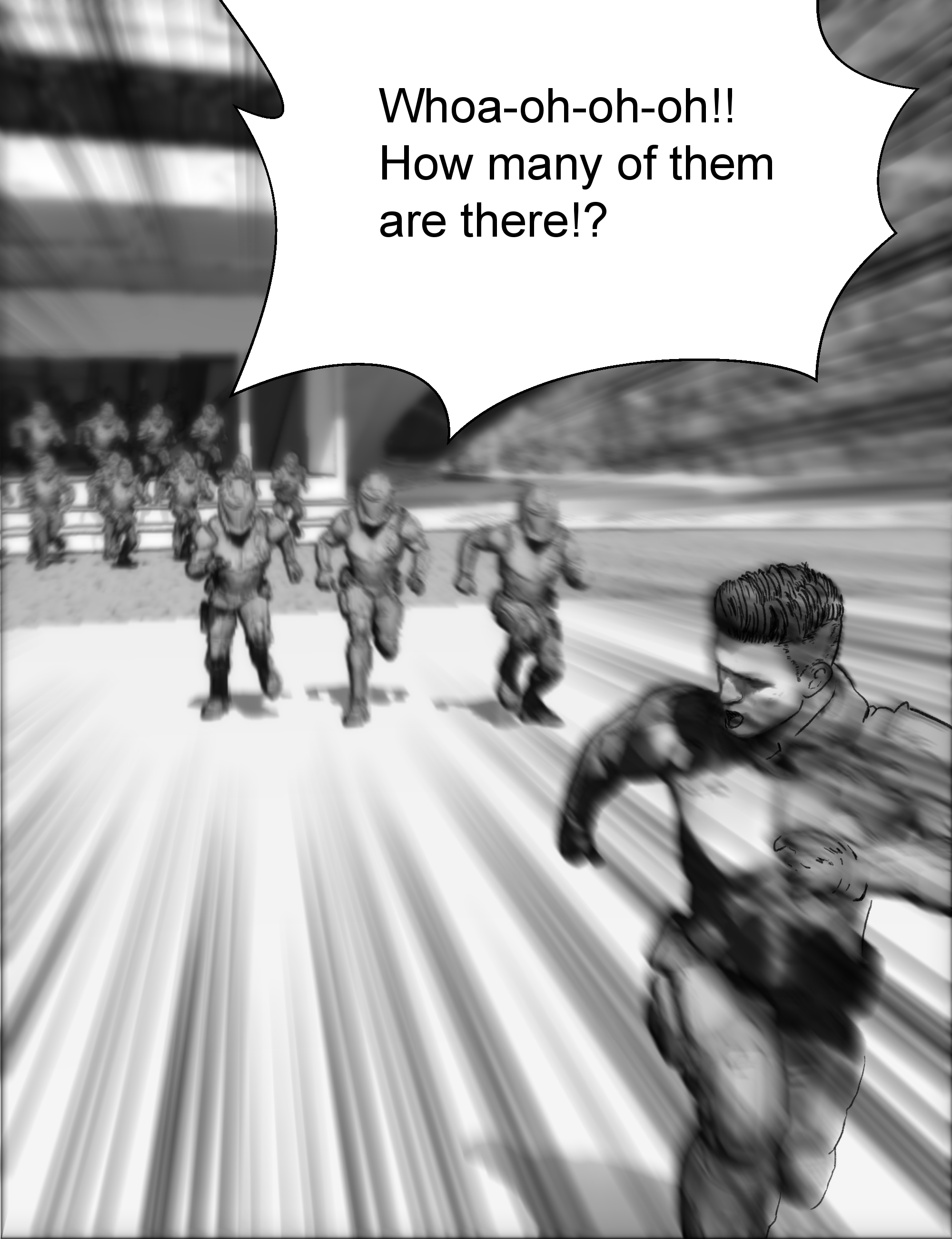 The protagonist runs while overwhelmed by the number of armored soldiers approaching