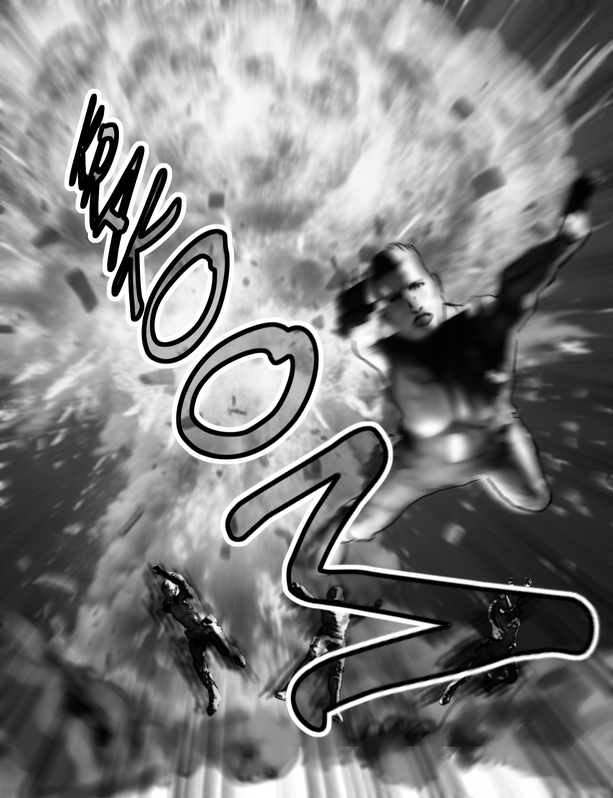 A powerful sci-fi battle manga scene with dust rising from the impact of a huge explosion