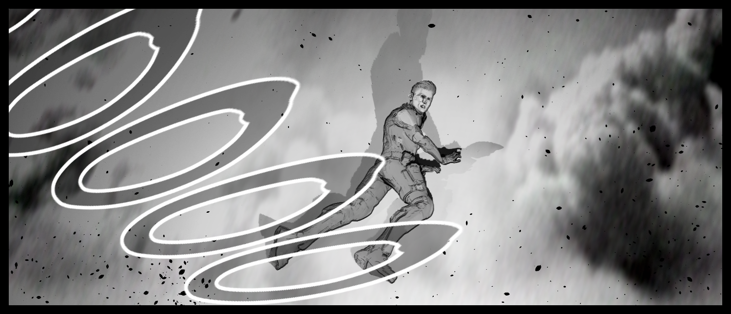 The protagonist leaps through the blast and gains distance from the research facility