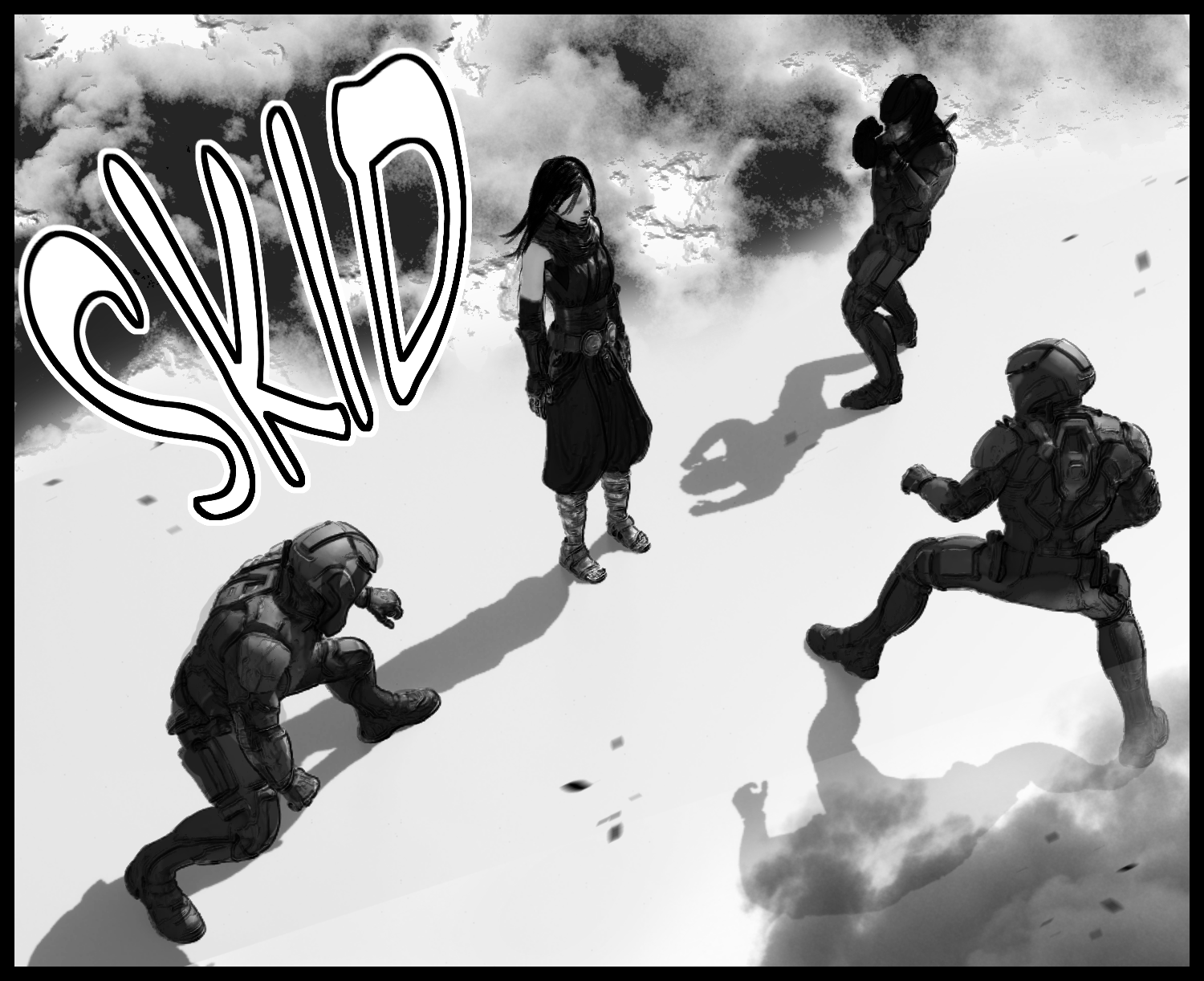 Armored soldiers advance toward the mysterious girl all at once in a tense scene