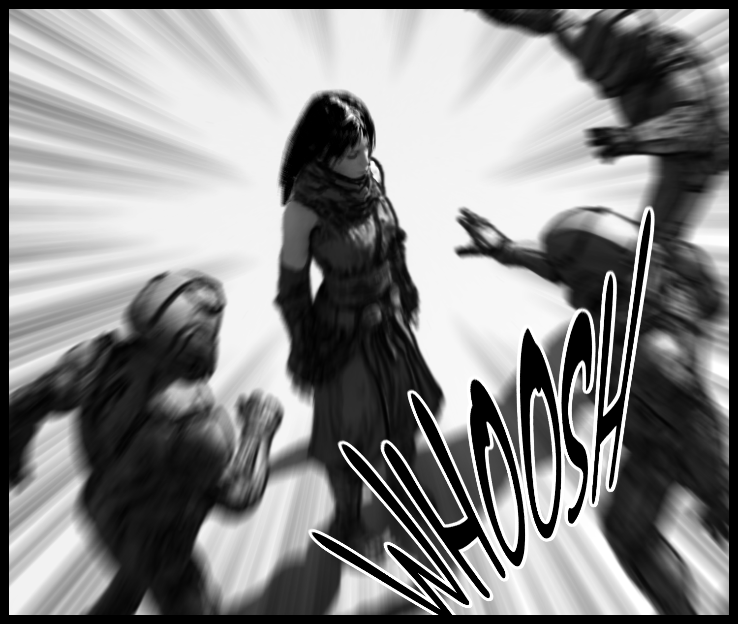 The mysterious girl takes a stance as the armored soldiers close in