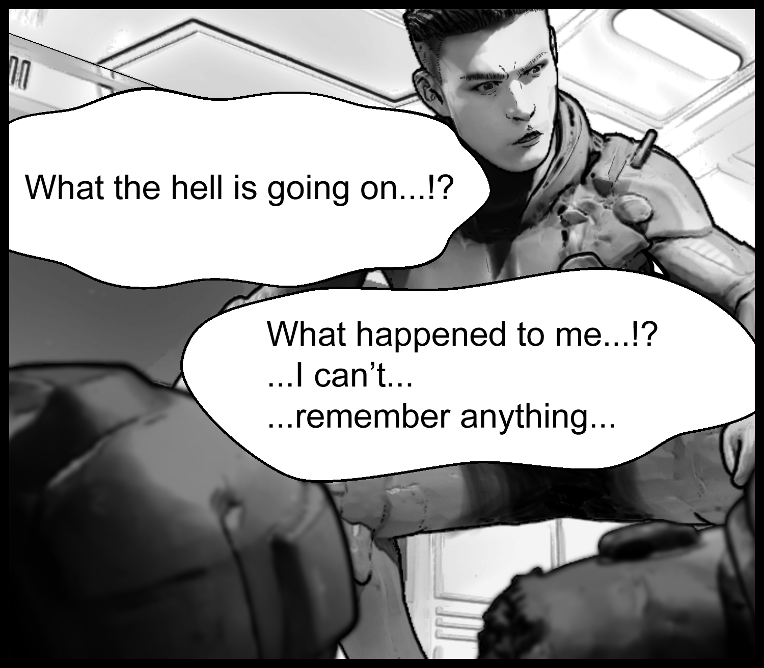 The protagonist feels something wrong with his body and memories in a tense sci-fi manga scene