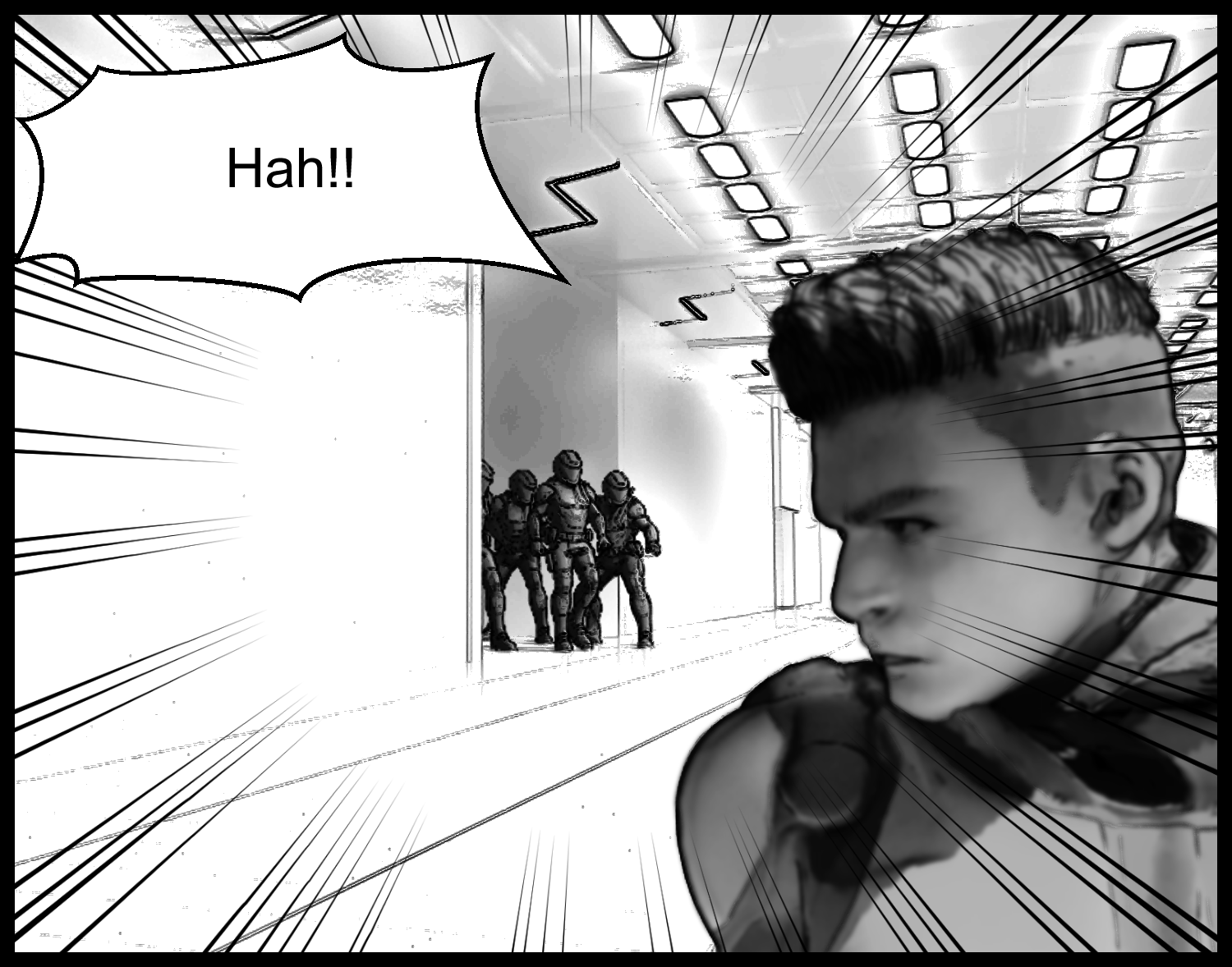 The protagonist notices armored soldiers approaching from behind and becomes alert