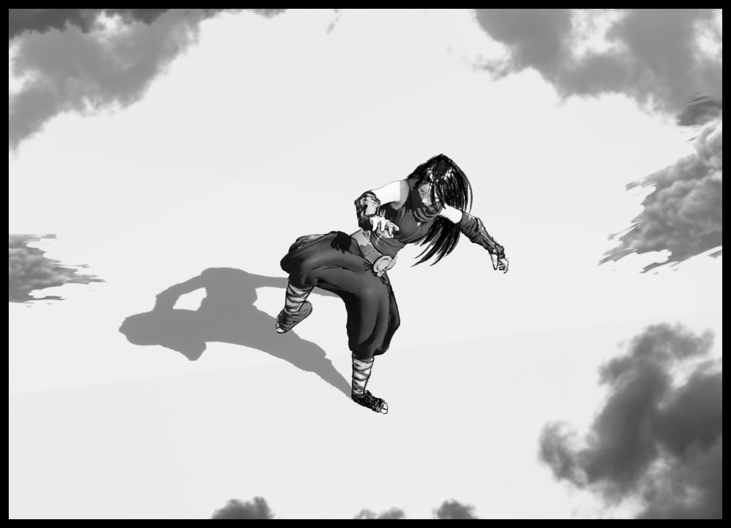 The mysterious girl defeats the enemy and quietly relaxes her stance