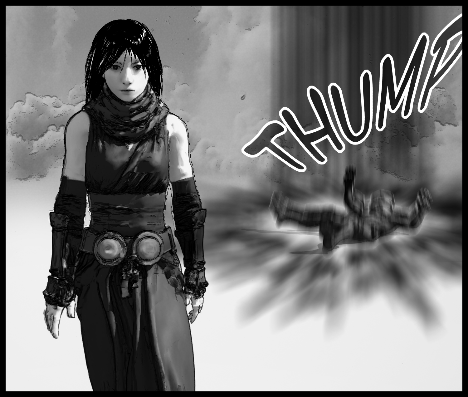 The mysterious girl defeats the enemy and quietly relaxes her stance