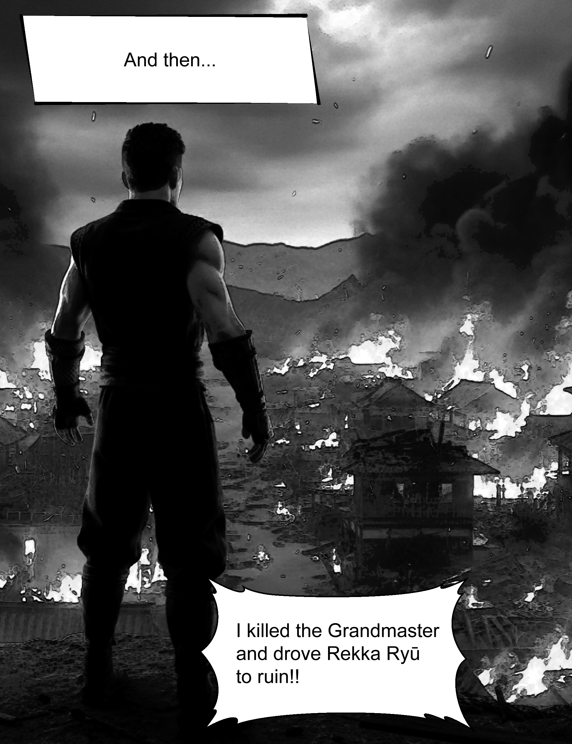 The protagonist remembers the past destruction of the Rekka Ryū village in a heavy scene