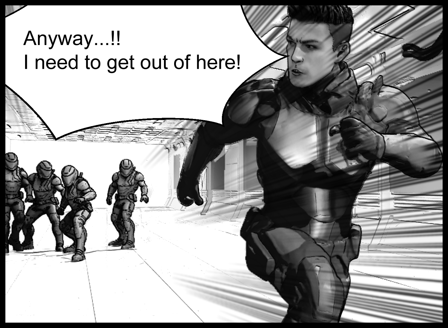 The protagonist runs down the corridor to escape the research facility