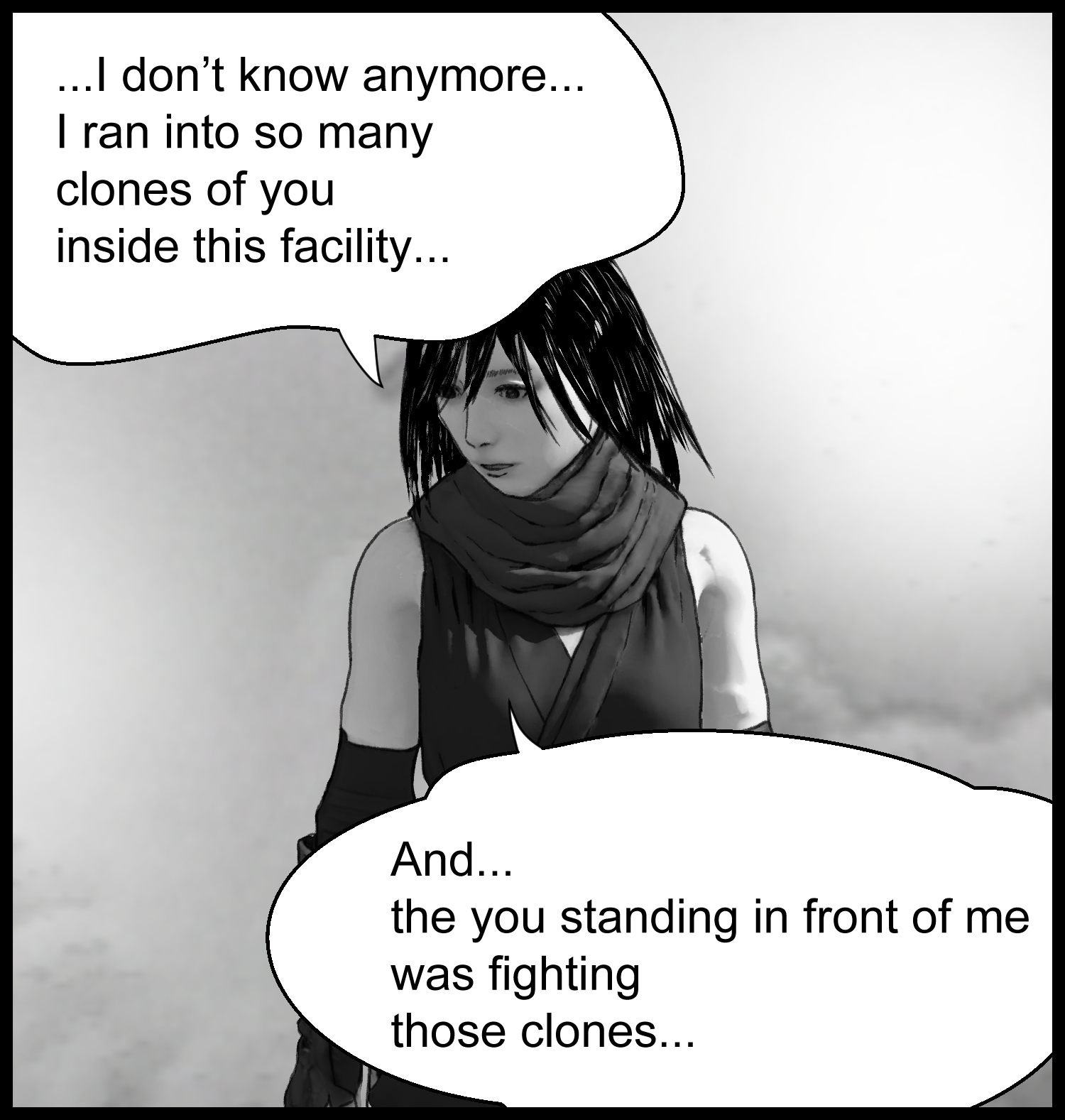 The mysterious girl explains that she fought the protagonist's clones inside the facility