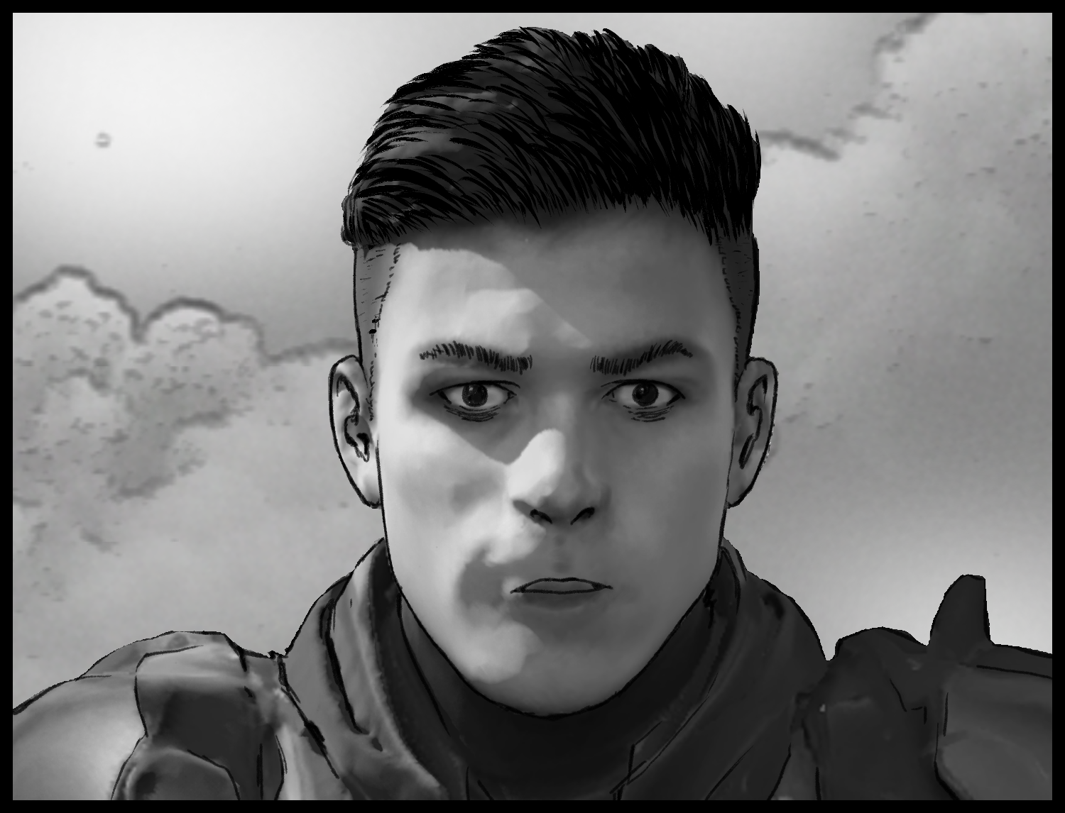 A close-up of the protagonist shaken by the girl's demand for the truth