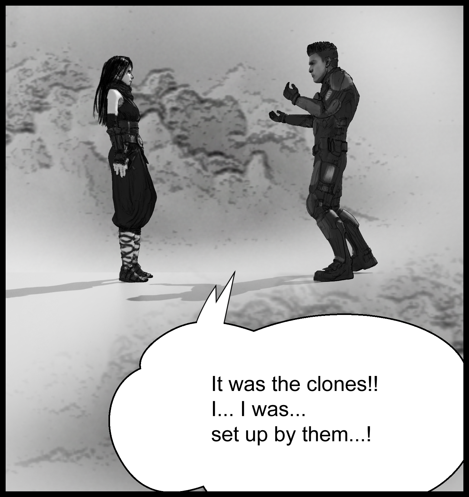 The protagonist accepts the existence of clones and tries to face reality