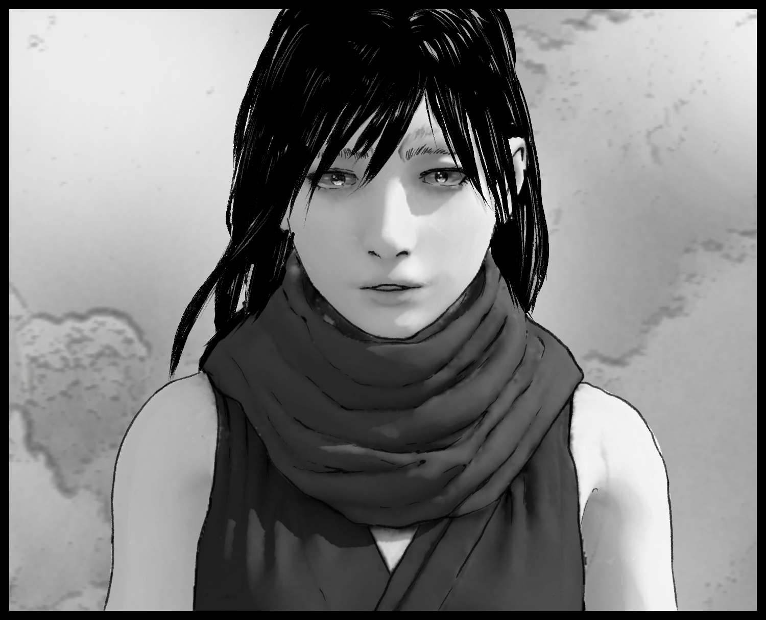 The mysterious girl looks at the protagonist with a calm expression