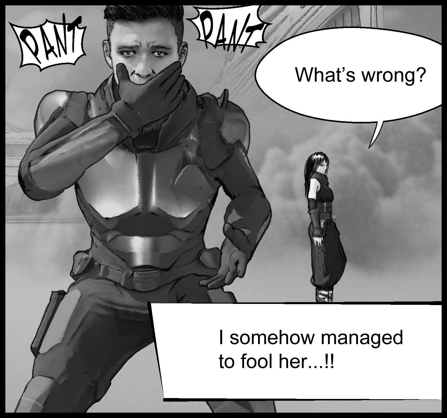 A comedic scene where the protagonist desperately suppresses an unnatural surge of emotion