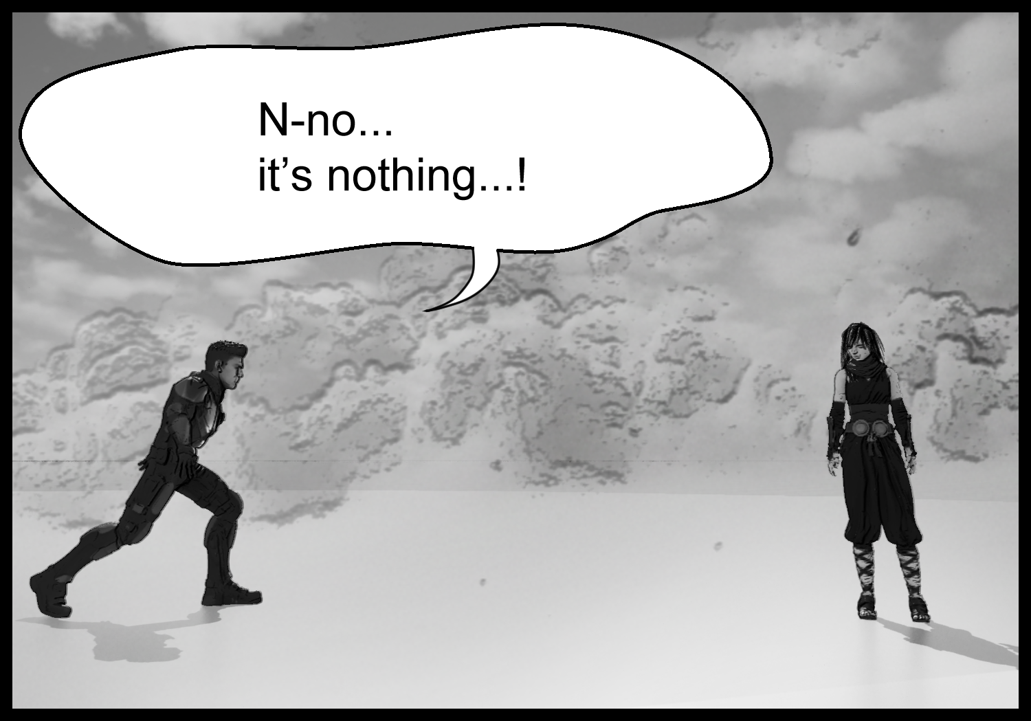 The protagonist reacts to the girl's words while trying to hide his agitation